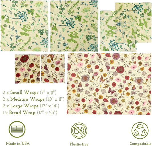 Bee's Wrap Beeswax Wraps for Food - Made in USA Reusable & Organic Food Wraps & Bowl Covers - Eco-Friendly Alternative to Aluminum Foil & Plastic Wrap, Assorted 7 Pack Vegan (2S, 2M, 2L, & 1 Bread)