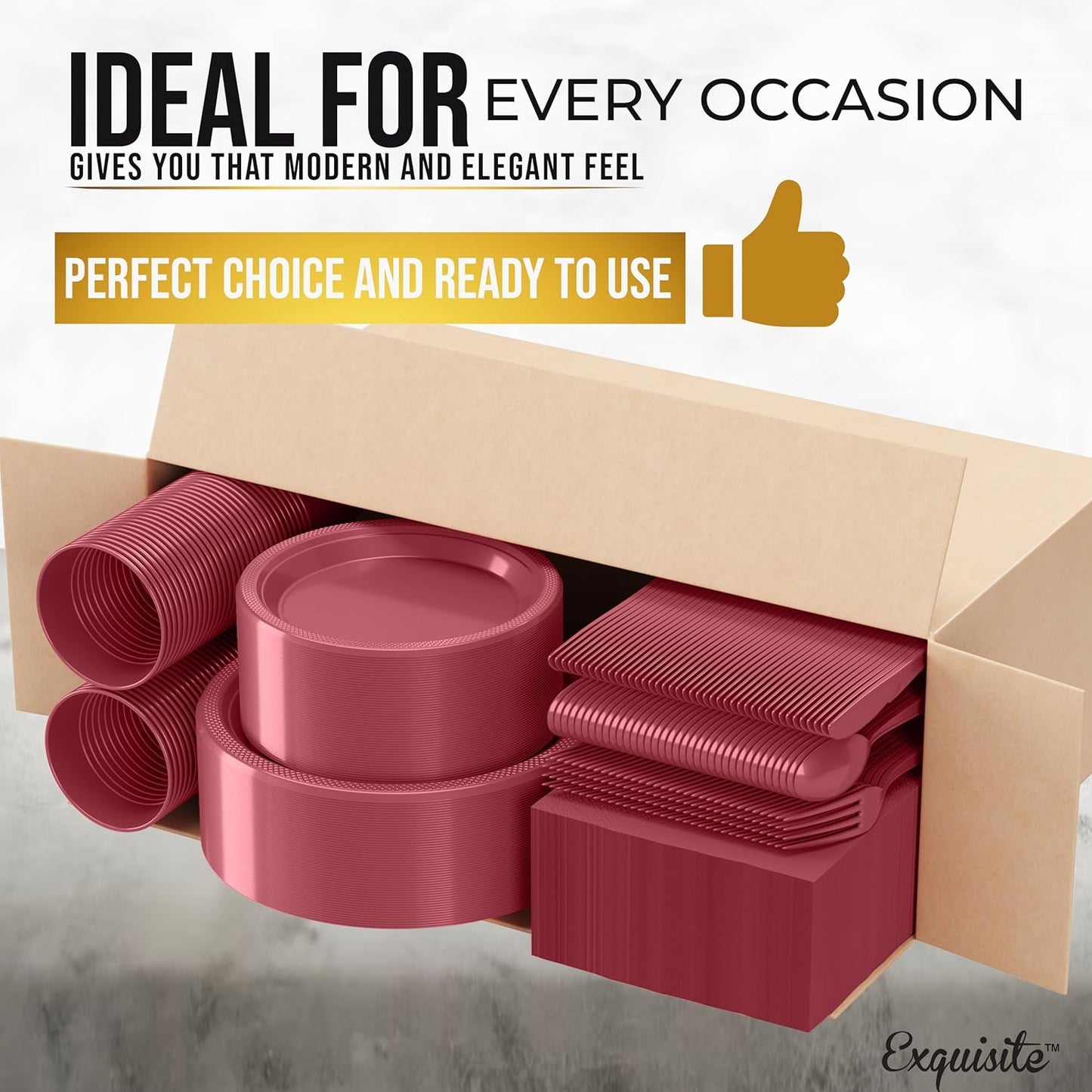 Party Solids 350 Pieces Burgundy Plastic Plates For Party, Burgundy Disposable Plates Set, 50 Of Each 9" Dinner Plate Set, 7" Dessert Plate, Cups, Napkins & Cutlery Plastic Dinnerware