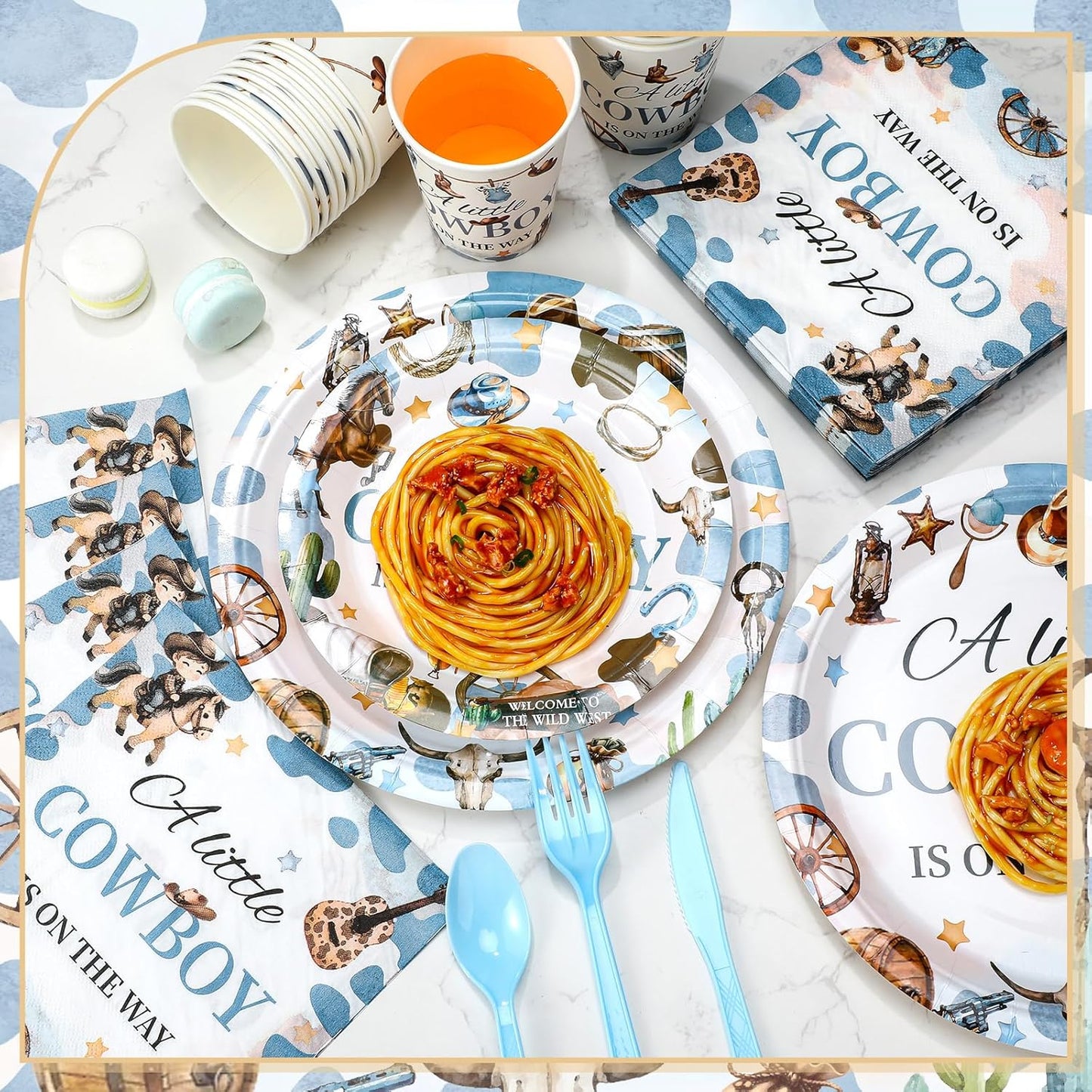 Dandat 350 Pcs Baby Shower Plates Set Baby Shower Party Supplies Serves 50 Tableware Sets Include Plates Napkin Cup Forks Knives Spoons Disposable Dinnerware(Cowboy,Blue)