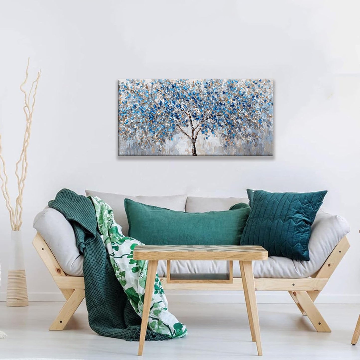 Blue White Tree Leaves Wall Art Decor Canvas Prints Ready To Hang Room Wall Decor Wall Pictures For Living Room Office Kitchen Bathroom Bedroom 20x40 Inch