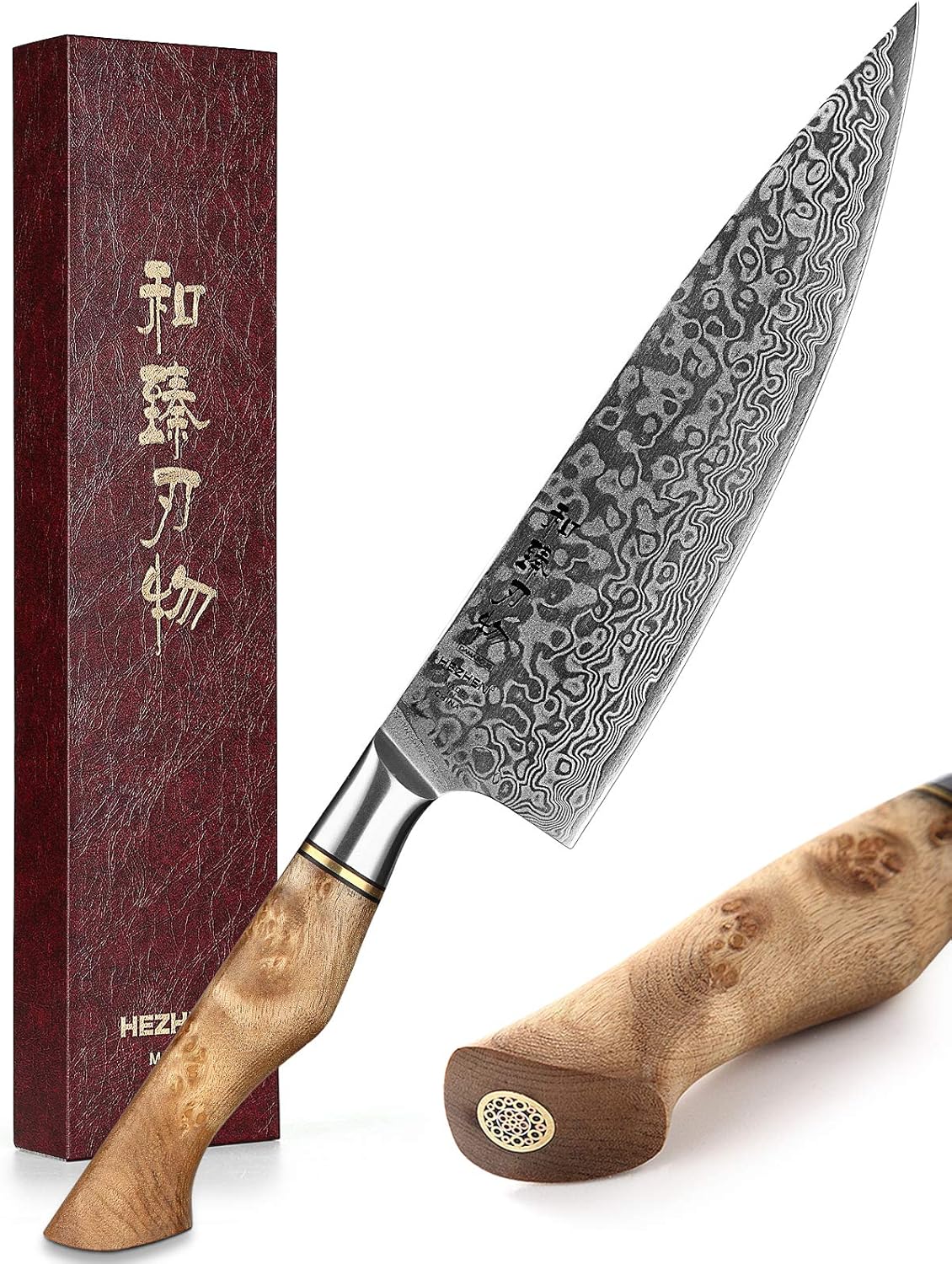 HEZHEN Chef's Knife-Professional-8.3 inch Damascus Steel, Kitchen Knife VG10 Gyuto Knife-Master Series Chef Cooking Tool at Home,Restaurant-Figured Sycamore Wood Handle