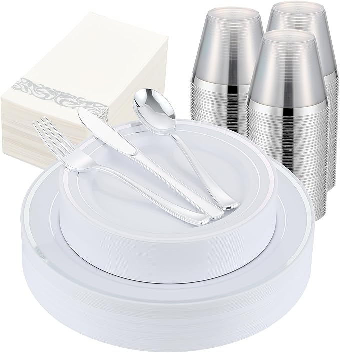 350 PCS Silver Plastic Dinnerware for 50 Guests,Silver and White Disposable Plates for Party Wedding with Napkins, 50 Dinner Plates, 50 Dessert Plates, 50 Silverware Set, 50 Cups