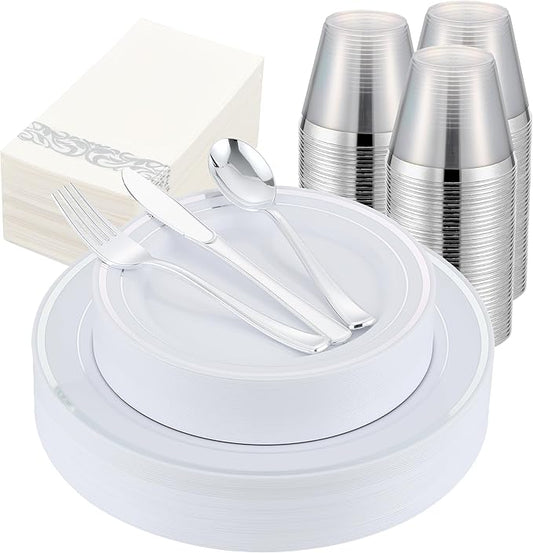 350 PCS Silver Plastic Dinnerware for 50 Guests,Silver and White Disposable Plates for Party Wedding with Napkins, 50 Dinner Plates, 50 Dessert Plates, 50 Silverware Set, 50 Cups