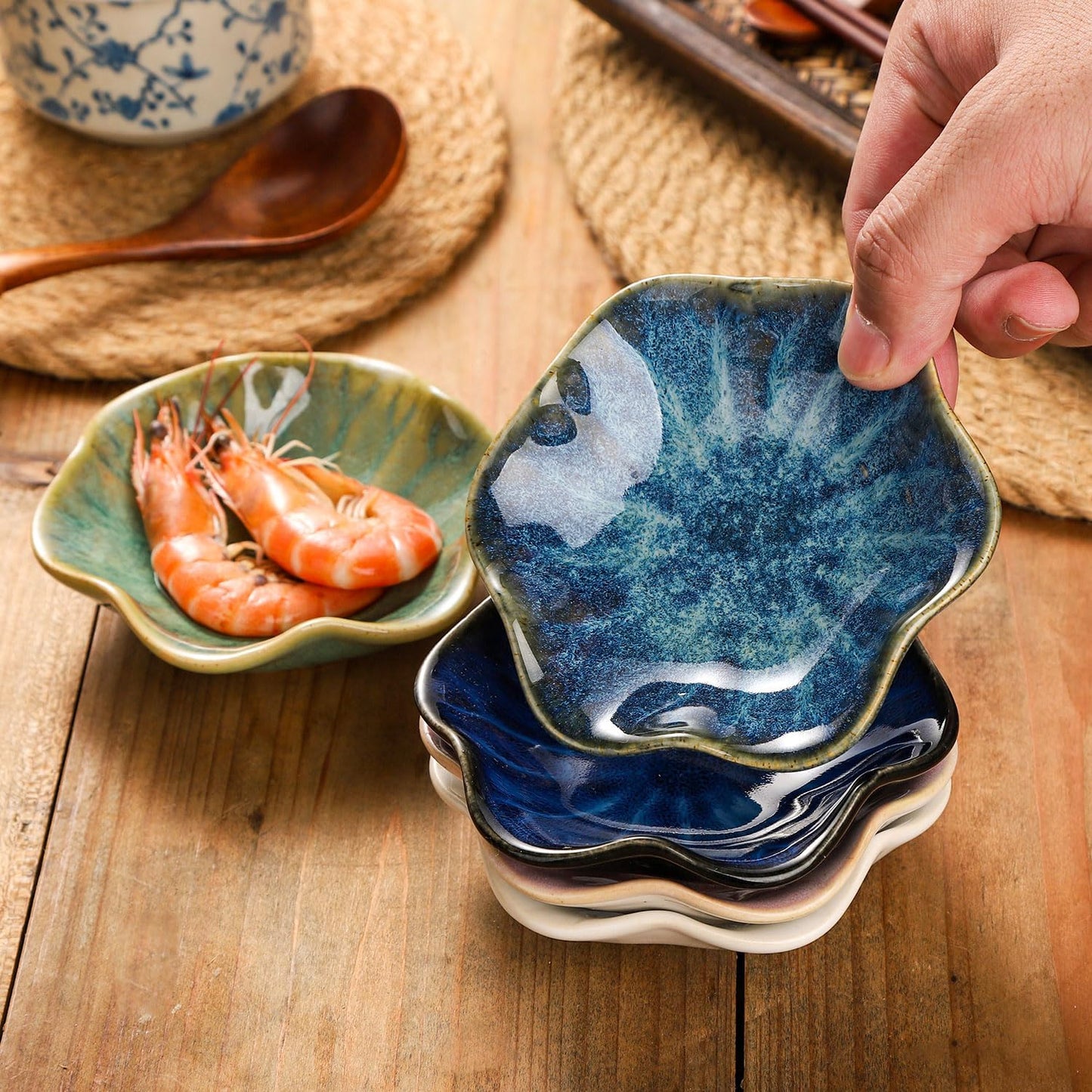 VanEnjoy Navy Blue Flower Plates Ceramic Floral Dishes Small Dipping Sauce Cups Soy Sauce Dish Prep Bowls - Set of 5