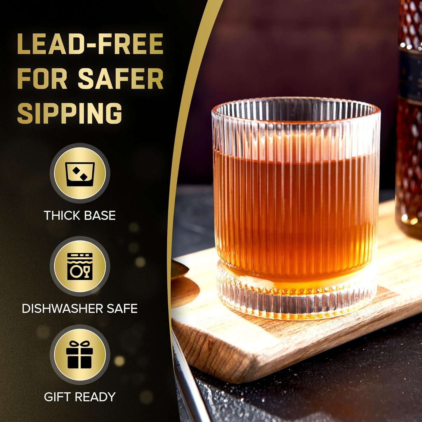 Crystal Old Fashioned Whiskey Glasses Set of 12, 12 Oz Ribbed Bourbon Glass, Ultra-Clarity Double Base Liquor Vodka rocks Cocktail Scotch Tumbler Bar Glasses Set