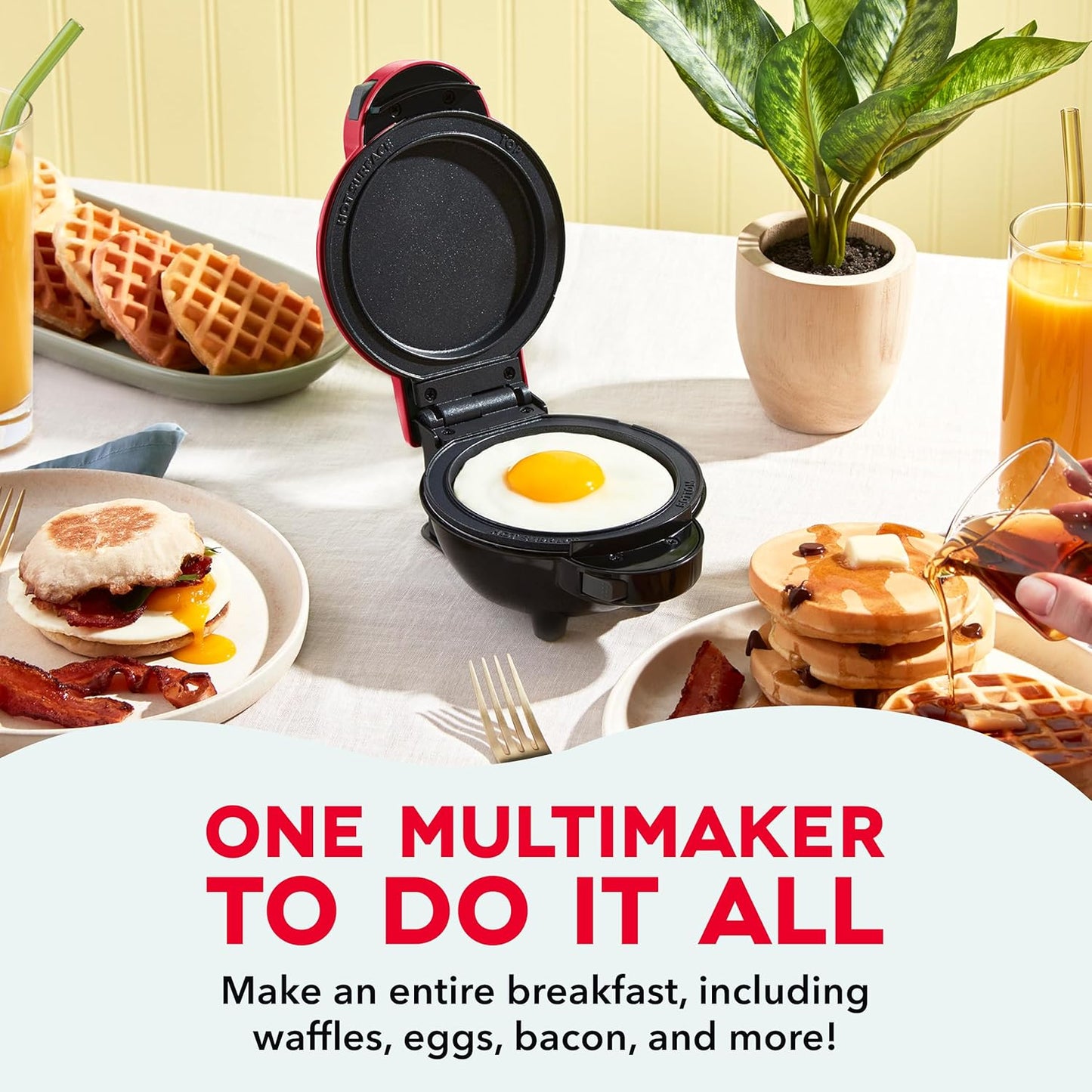 DASH Multimaker Mini System - Waffle Maker with Five 4” Removable Plates: Waffle Iron & Griddle, 3-in-1 Mini Waffle Maker for Kids and Families – Nonstick Surface, Just Add Batter (Red)