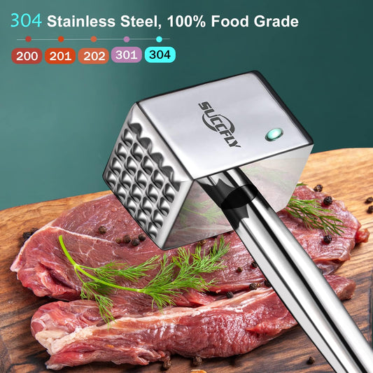 Meat Tenderizer Stainless Steel, Heavy Duty Meat Hammer, Kitchen Meat Mallet 1.65LB Meat Pounder Flatterner Weighted Hammer Extended Handle for Labor-saving Chicken Steak Meat Tenderizer Tool