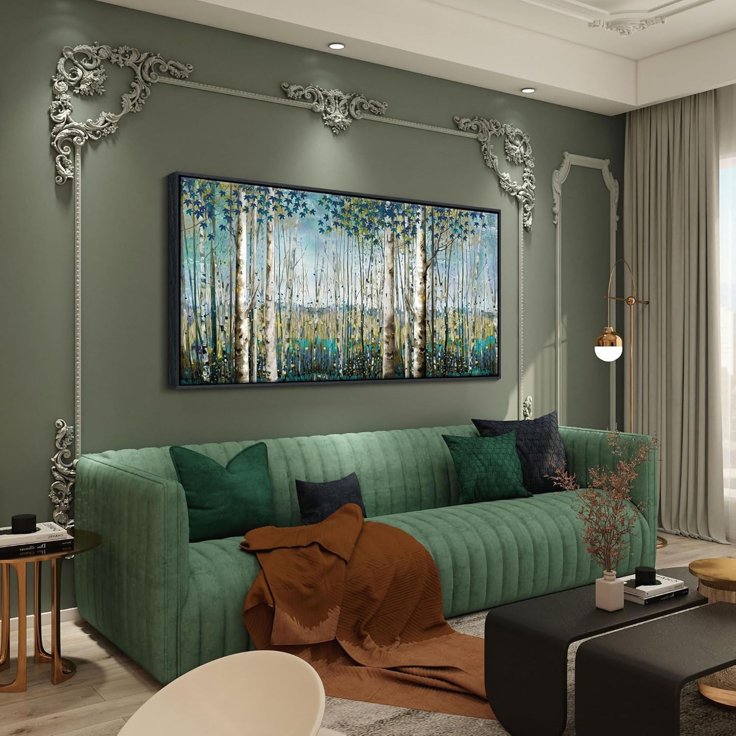 Pogusmavi Tree of Life Wall Art - Large Nature Birch Tree Canvas Painting for Home Decor | Framed Green Artwork for Living Room, Bedroom, and Office | Teal Wall Art Decoration 24x48 Inch