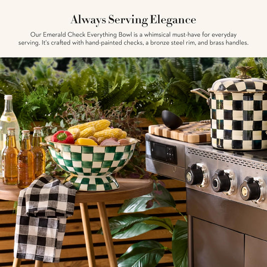 MACKENZIE-CHILDS Enamel Bowl, Serving Bowl for Entertaining, Everything Bowl, Green-and-White Emerald Check