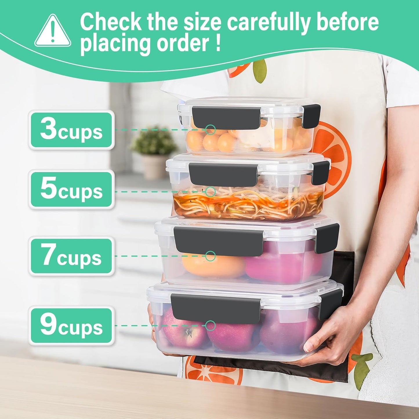 YORY 7 cup Plastic Food Storage Containers with Lids Nestable Freezer Dishwasher Safe Rectangle Meal Prep Container Set,5-Pack