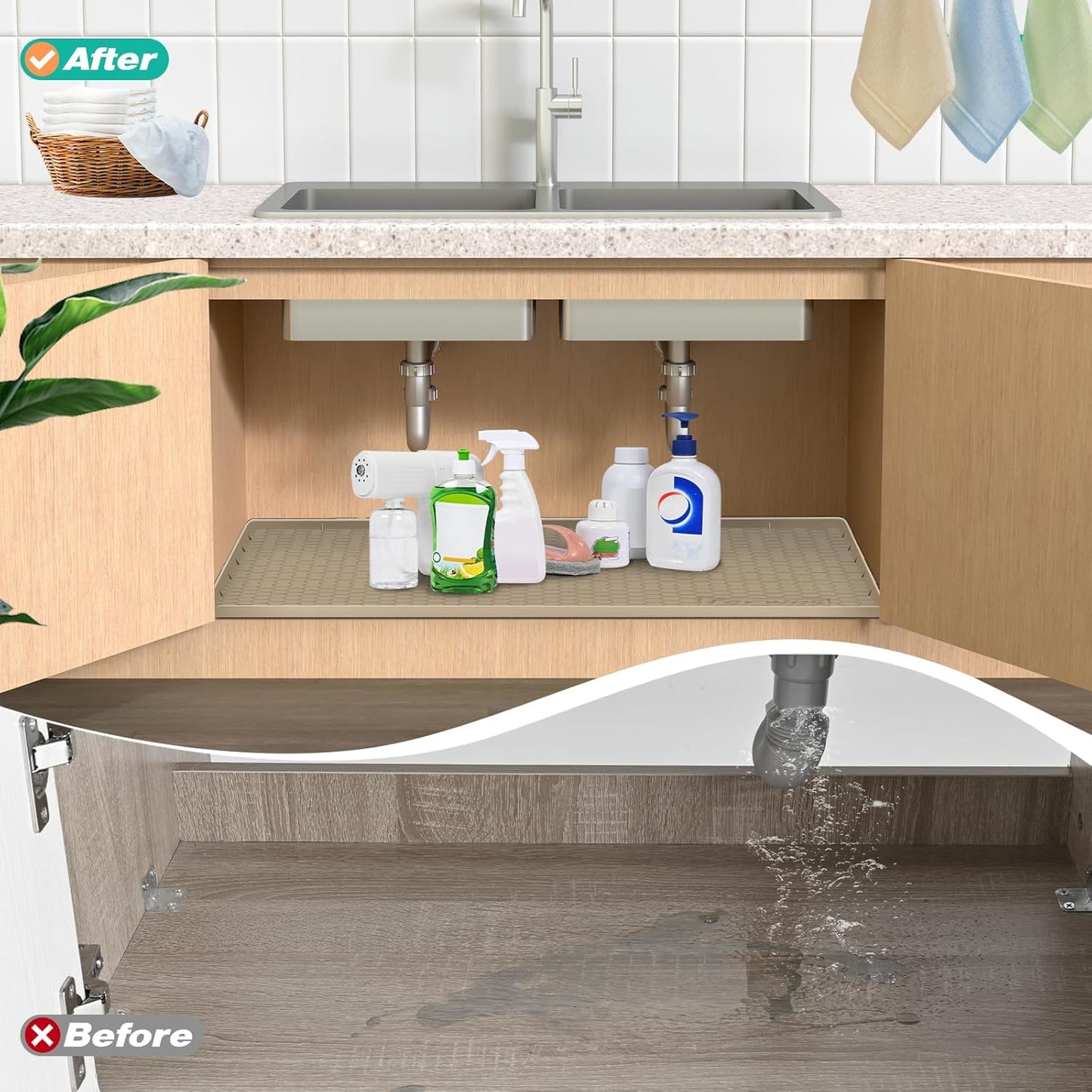 Waterproof Under Sink Mat 28" x 22", Silicone Cabinet Liner, Rubber Protector for Kitchen and Bathroom, Keeps Cabinets Clean, Dry, and Organized (Light Grey)