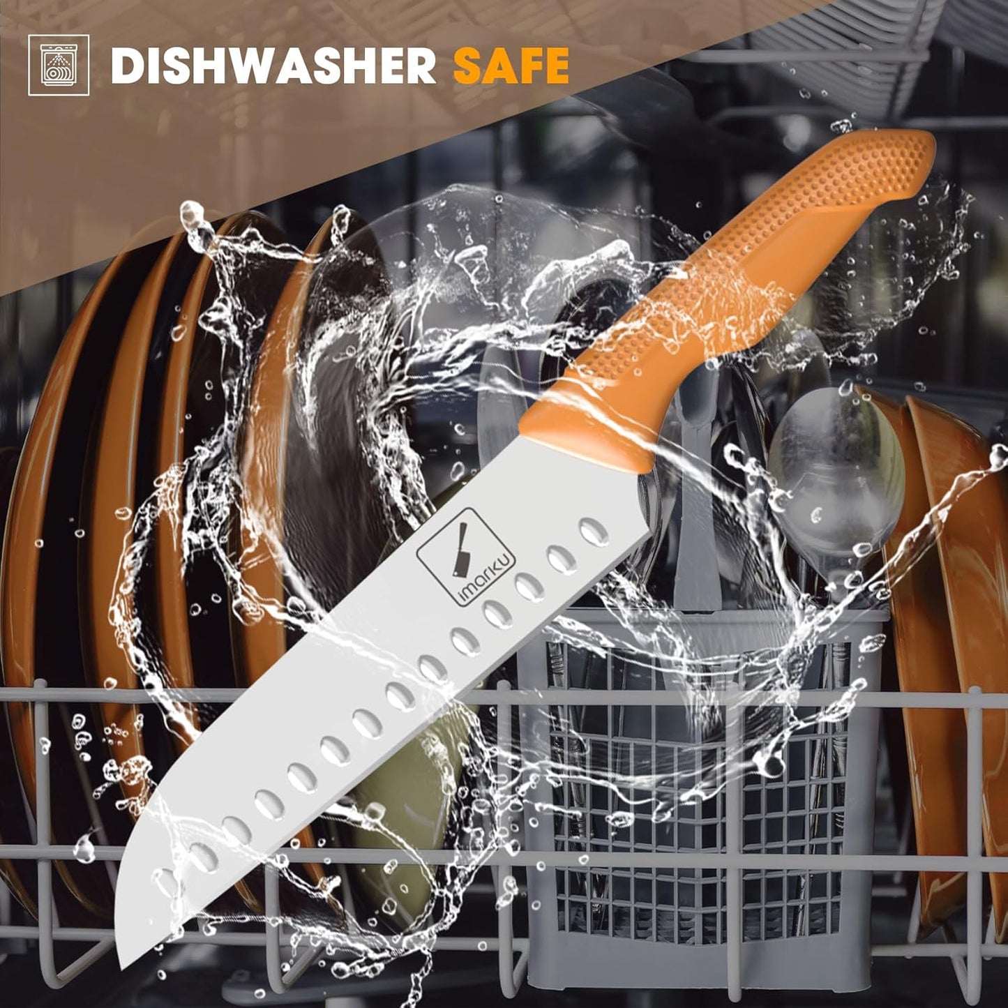 imarku® Knife Set, Sharp Block Knife Set with Built-in Sharpener, Japanese Stainless Steel with Non-Slip Ergonomic Handle, Dishwasher Safe, Kitchen Gift for Man Woman, Best For Home gift, Burnt Orange