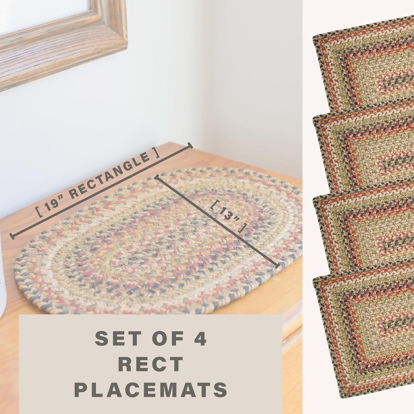 Homespice Kingston Jute Woven Placemats, Warm Country Decor, Set of 4, Multicolor 13x19 Rectangle Table Mats - Vibrant Colors, Durable, Easy to Clean and Protects Furniture