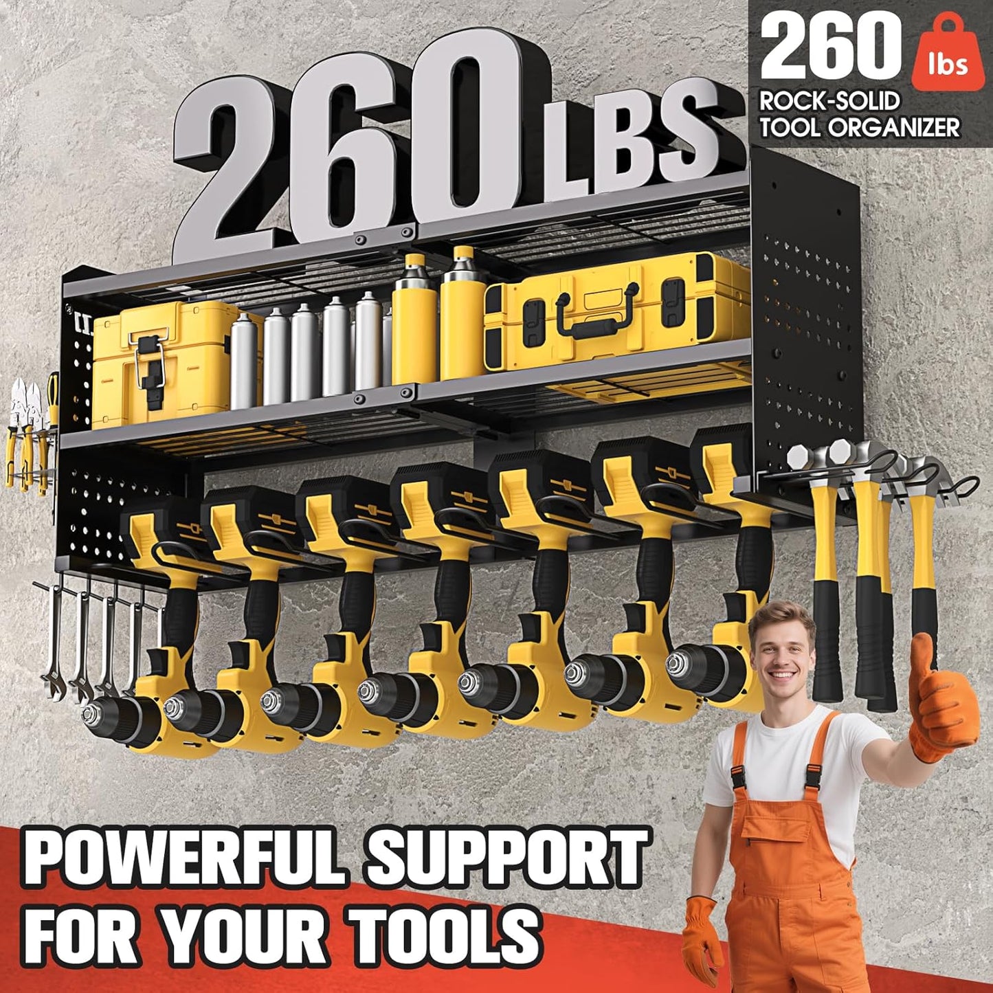 Large Power Tool Organizer Wall Mount, 3-Tier Heavy Duty Metal Loads 260 lbs, 7 Cordless Drill Holder Garage Tool Storage Rack, Utility Shelf for Workshop Shed Basement, Gifts for Men Dad Christmas