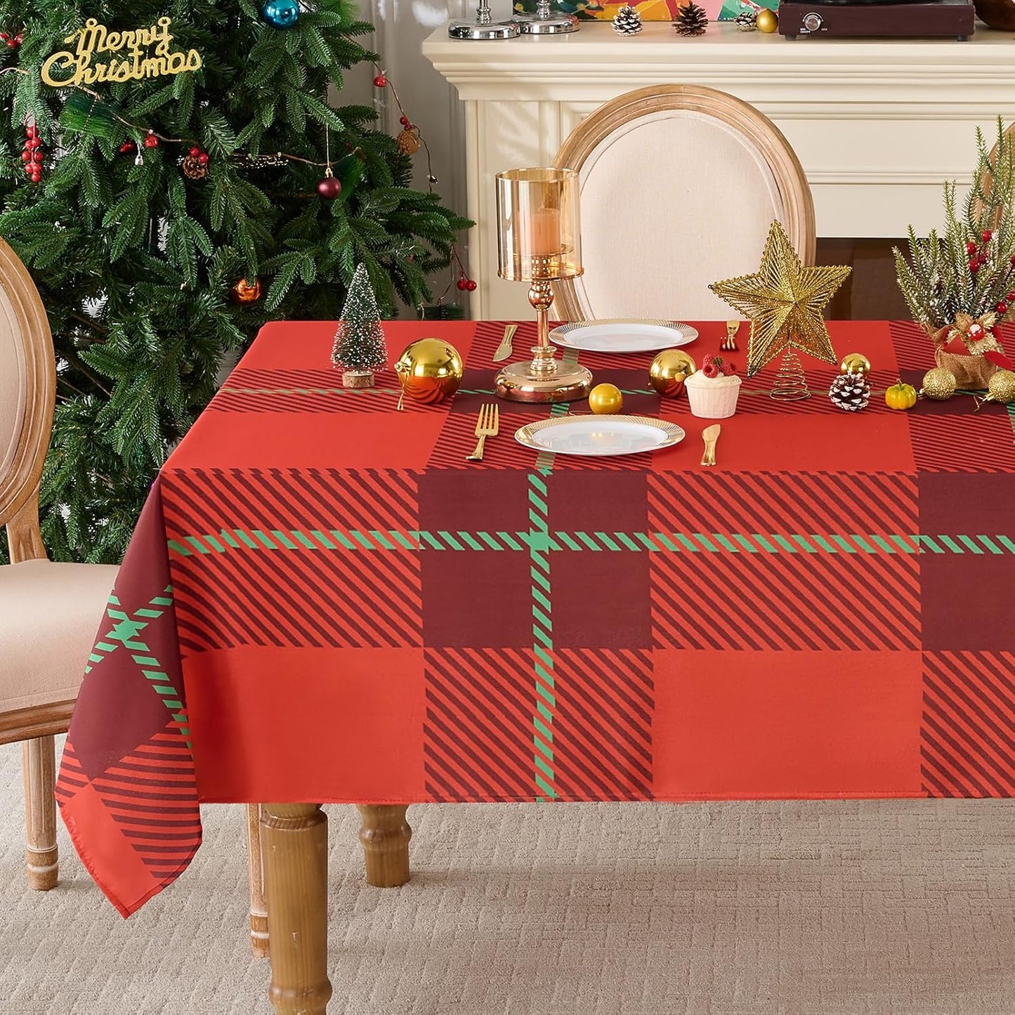 Christmas Tablecloth Rectangular 60x84 Inch Waterproof, Machine Washable Checkered Polyester Table Cover for Xmas Party, Winter Holiday Home Decoration in Festive Checkered Red 1pack