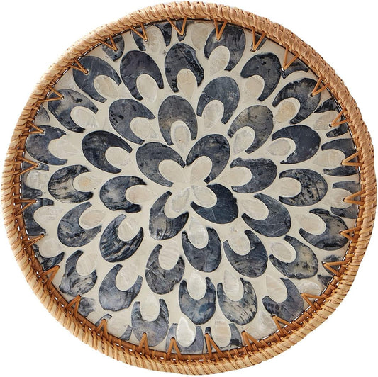 Round Rattan Tray with Mother of Pearl Inlay, Rattan Serving Tray with Wooden Base, Decorative Wicker Basket for Table Decor, Storage and Display of Coffee Bread Food Fruit (Plume 13.5")
