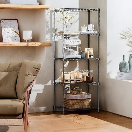 IZEUK 5-Tier Black Metal Storage Shelves, Adjustable Wire Shelving Unit for Kitchen, Bathroom, Pantry, Office, Garage, Organizer Wire Rack, 1250 lbs, 13.7" D x 23.6" W x 53.4" H