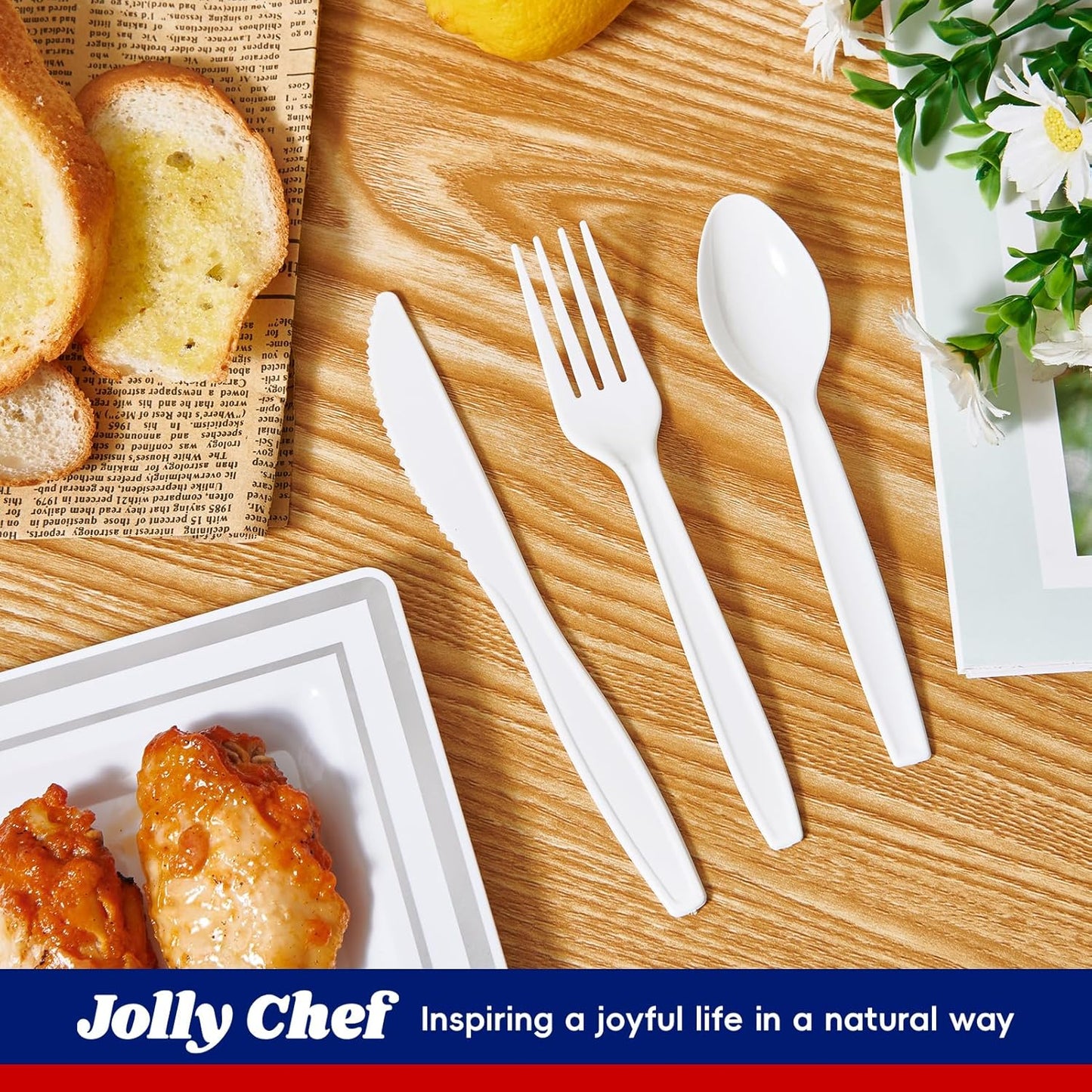 JOLLY CHEF 360 Count White Plastic Silverware Heavy Duty, 180 Forks, 120 Spoons, 60 Knives, Heat Resistant, BPA Free, Plastic Utensils Set, Disposable Cutlery set, Premium Clear Utencils