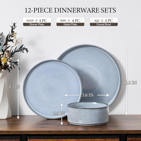 E-far 12-Piece Plates and Bowls Sets, Stoneware Dinnerware Dishes Sets for 4, Kitchen Modern Dining Dishware, Chip & Scratch Resistant, Microwave & Dishwasher Safe, Dusty Blue