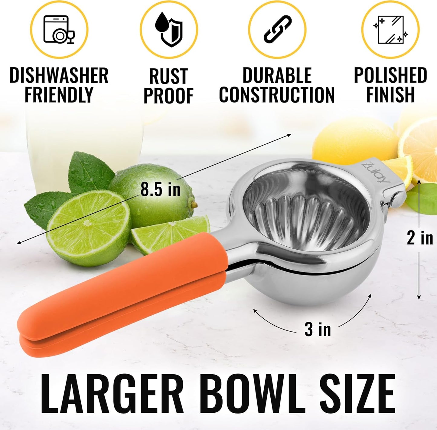 Zulay Kitchen Lemon Squeezer Stainless Steel with Premium Heavy Duty Solid Metal Squeezer Bowl and Food Grade Silicone Handles - Large Manual Citrus Press Juicer and SS Lime Squeezer (Orange)