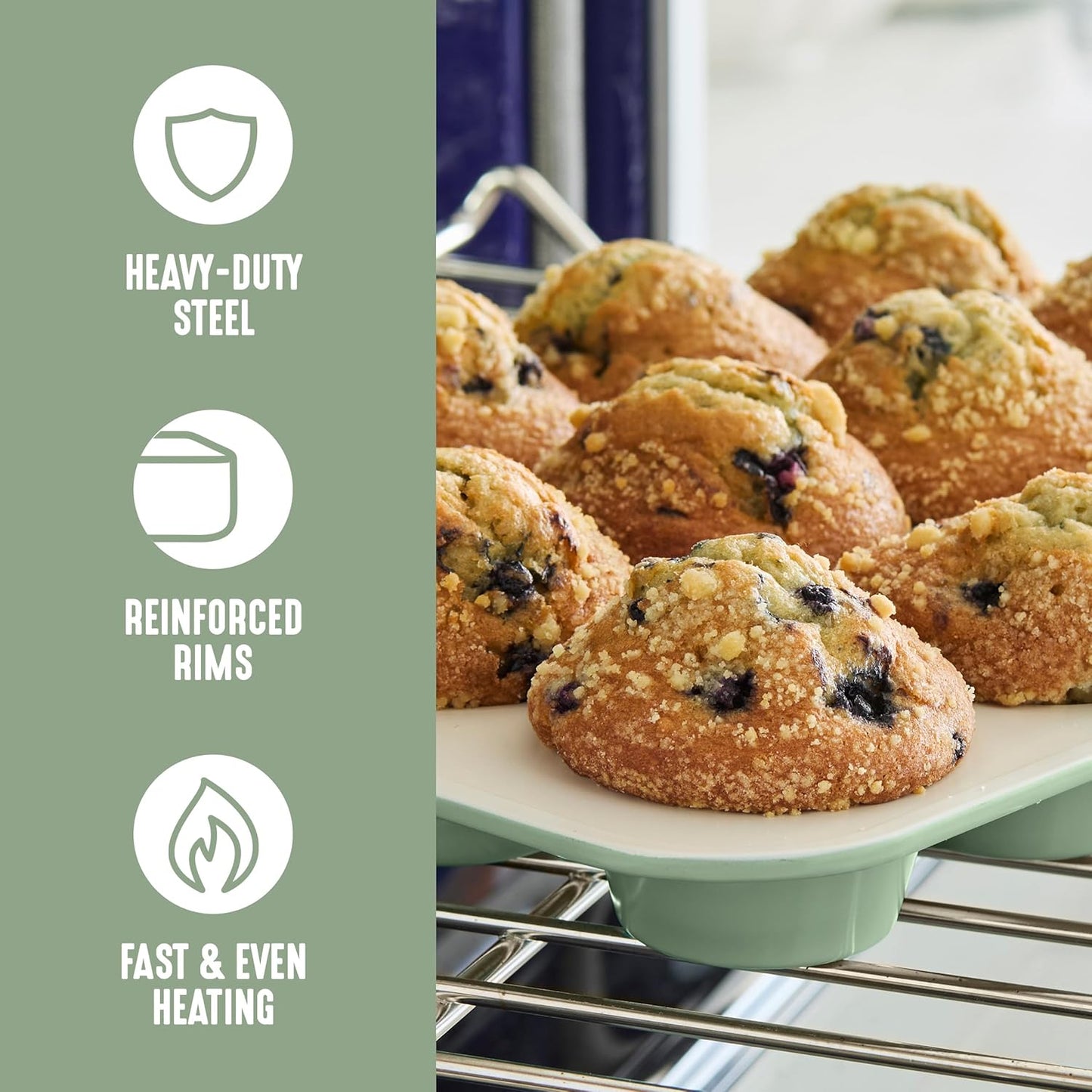 GreenLife 12-Cup Muffin Pan, Healthy Ceramic Nonstick Bakeware, PFOA & PFAS-Free Cupcake Tray, Durable Baking Pan, Versatile Kitchen Essential, Easy Clean Muffin Mold, Nonstick Baking Sheet, Sage