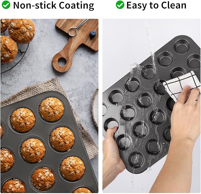 Beasea Mini Muffin Pan 24 Cups Nonstick, 1 Pack 24 Mini Small Cup Non Stick Muffin Baking Pan Tin Tray Carbon Steel Bakeware Individual Cupcake Baking Pan - Black