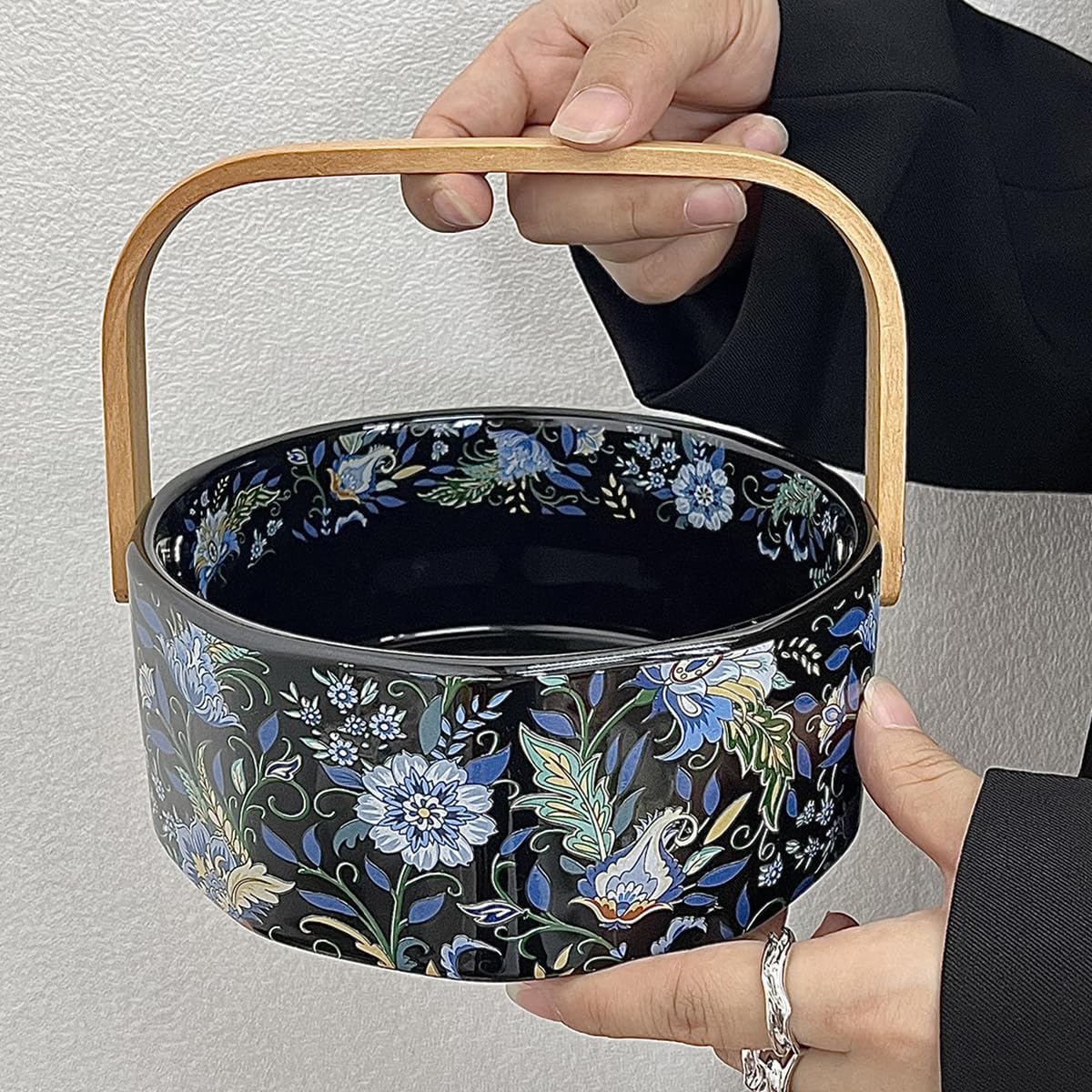 6" Ceramic Fruit Bowl with Wooden Handle Candy Dish Decorative Bowl Flower Basket Kitchen & Dining Table Office Decor(Black)