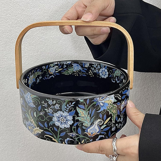 6" Ceramic Fruit Bowl with Wooden Handle Candy Dish Decorative Bowl Flower Basket Kitchen & Dining Table Office Decor(Black)