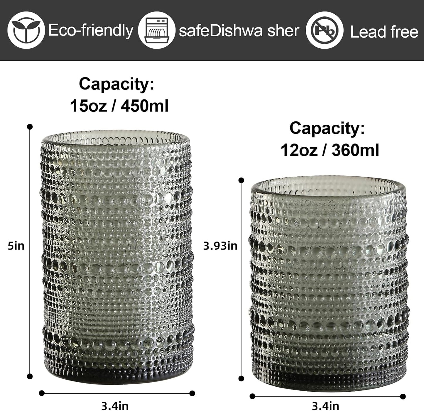 Vintage Glassware Drinking Glasses Set of 12,Grey 12oz & 15oz Hobnail Glass Cups,Embossed Water Tumbler,for Beer,Cocktail,Whiskey,Juice and Various Mixed Drinks- 1 Cleaning Brush