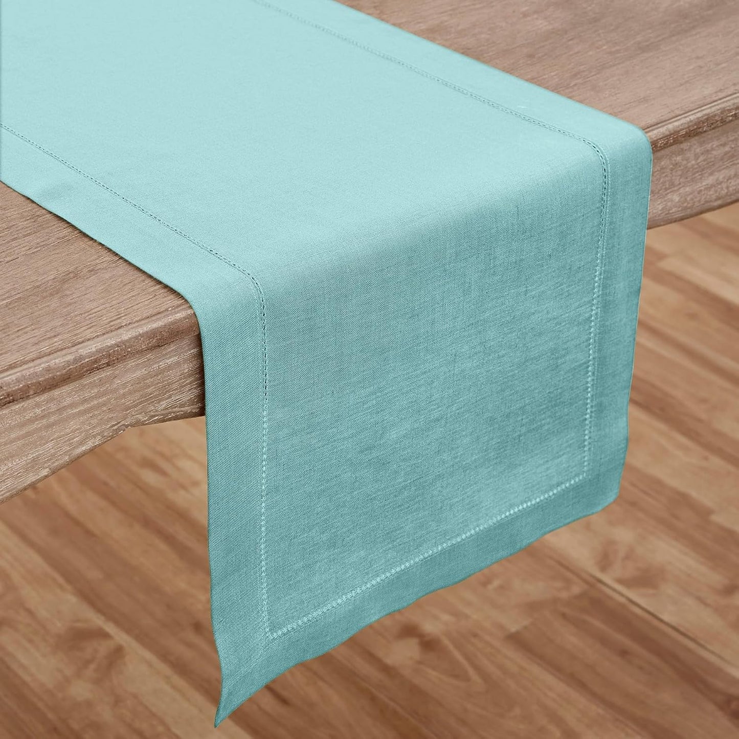 Solino Home Linen Aqua Blue Table Runner 36 Inches - Classic Hemstitch, 100% Pure Linen Coffee Table Runner 14 x 36 Inch Ideal for Dresser Tables