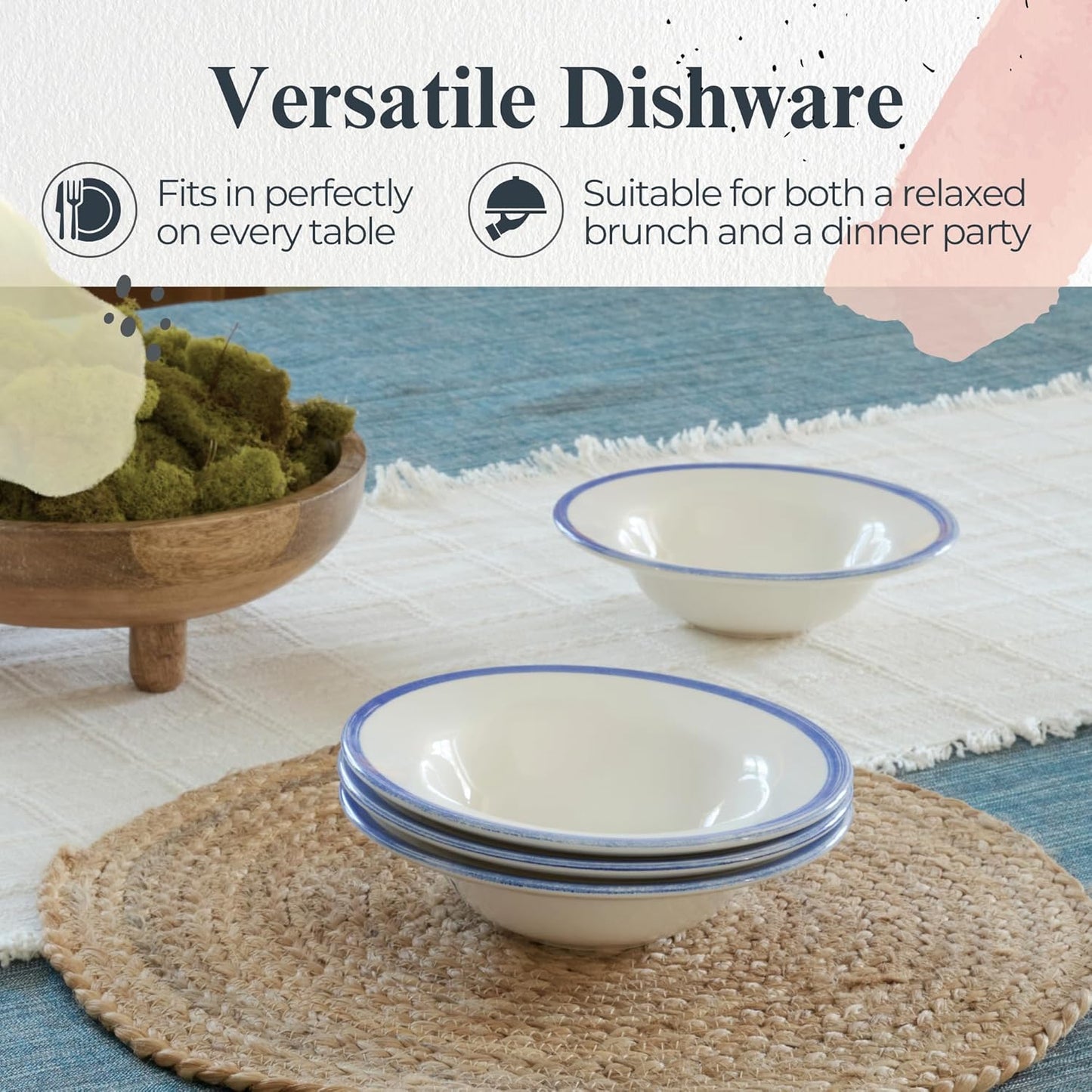 Portmeirion Potter's Brushstroke Oatmeal Bowl (Set of 4) - Ideal for Porridge, Soup, Desserts - Microwave & Dishwasher Safe Earthenware Bowls, Durable Dishware Collection - Made in UK (Blue)