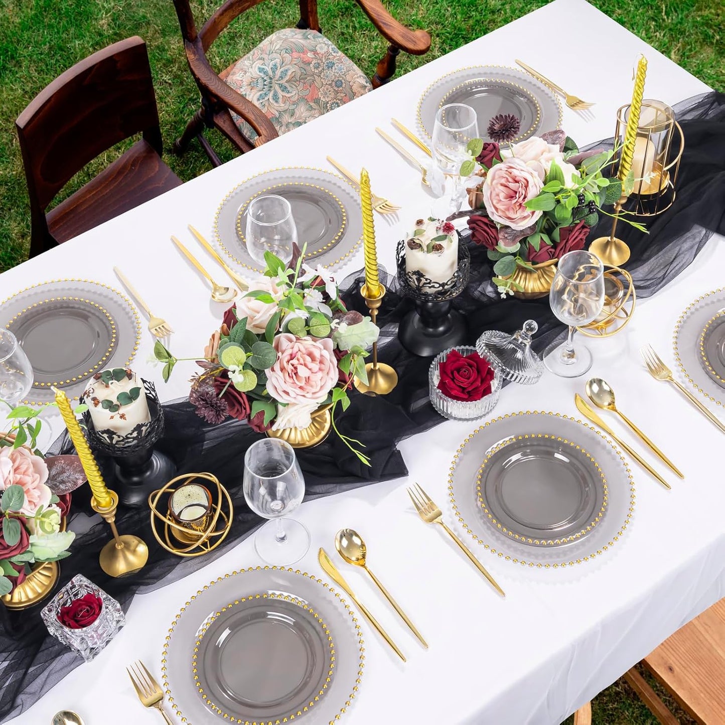 EI 60pcs Black and Gold Plastic Plates Clear with Black Disposable Plates Heavy Duty Gold Plastic Dinnerware Set For 30 Guests Perfect Wedding,Party,Birthday,Anniversary,Halloween