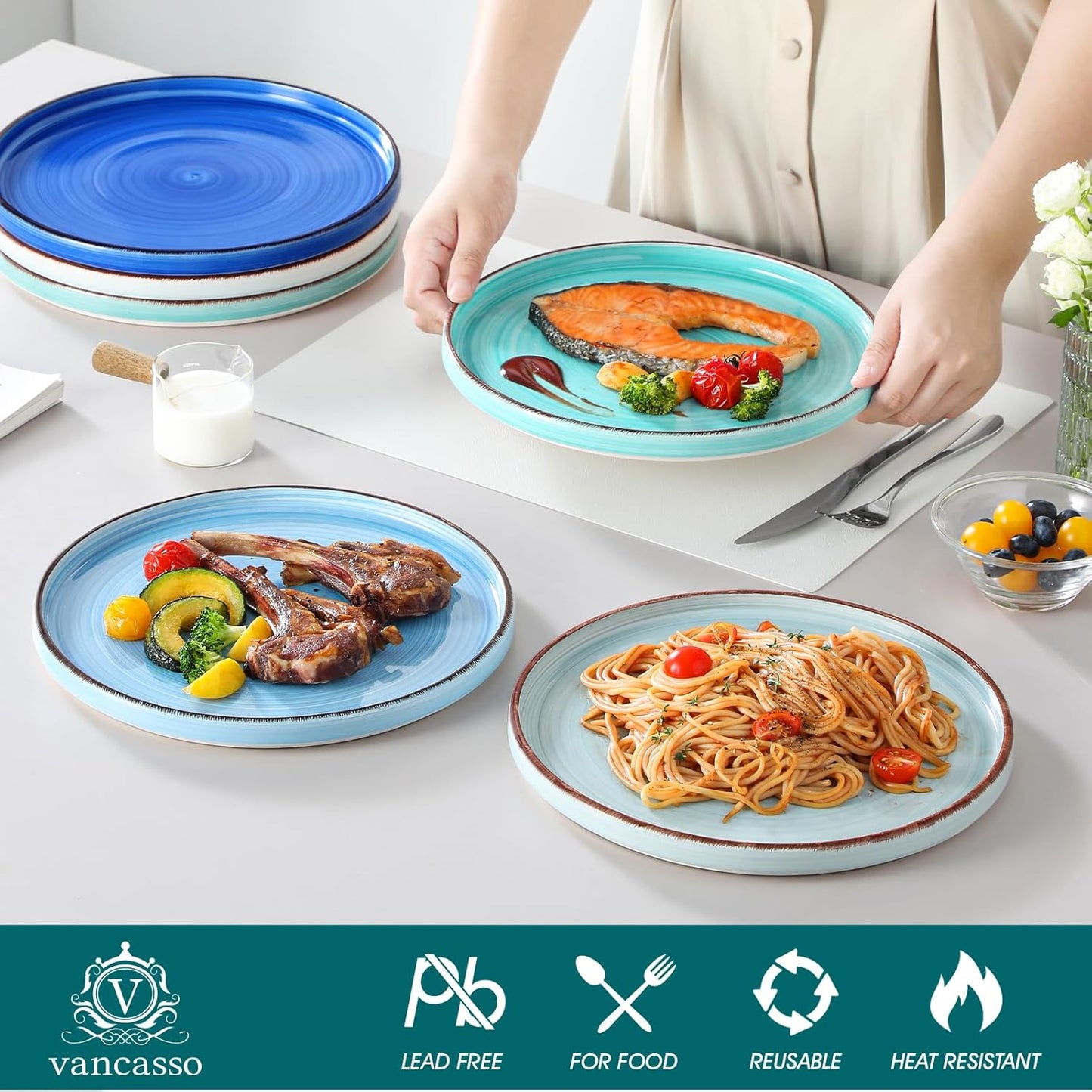 vancasso Bonita 10.5 Inch Dinner Plates, Ceramic Dinner Plate Set, Dinner Plates Set of 6, Large Dinnerware Plates for Kitchen, Microwave, Oven and Dishwasher Safe, Blue