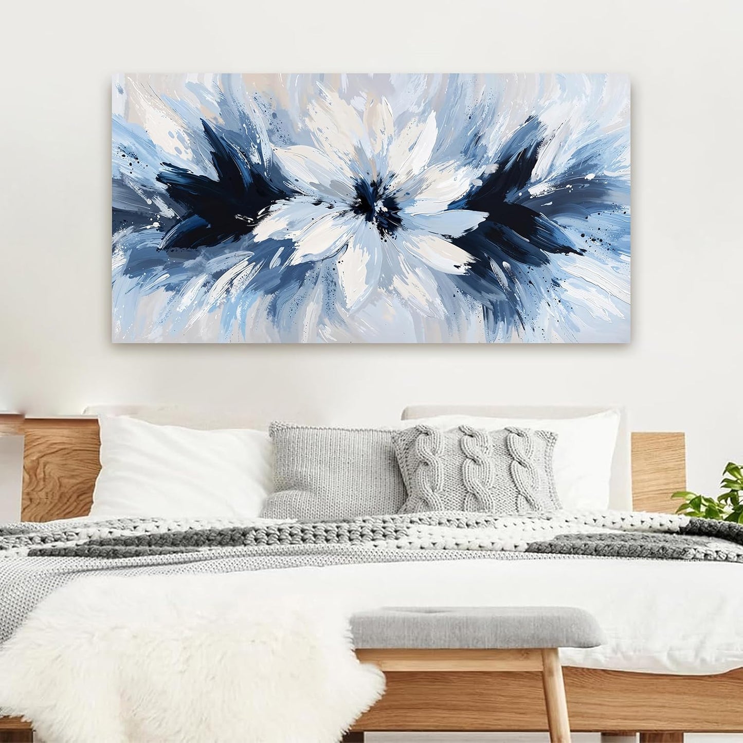 Abstract Canvas Wall Art Decor Large Wall Art For Living Room White Flower Wall Art Prints Modern Blue Wall Art Pictures 24" X 48" Abstract Canvas Art Wall Decor Artwork for Walls Bedroom Office Decor