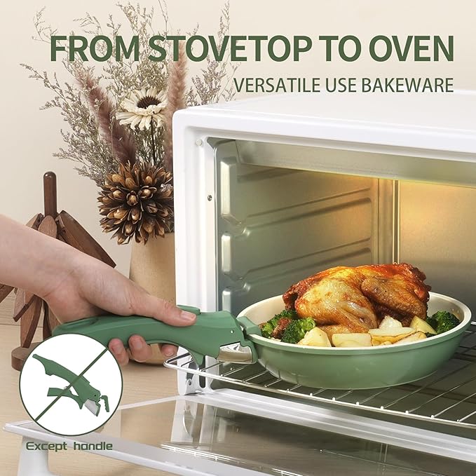 8PCS Ceramic Cookware,Nonstick Ceramic Pan, Removable Handle Pots and Pans Set, Stackable Set, Nonstick Pan Pots and Pans Set Non Stick pot (Green)