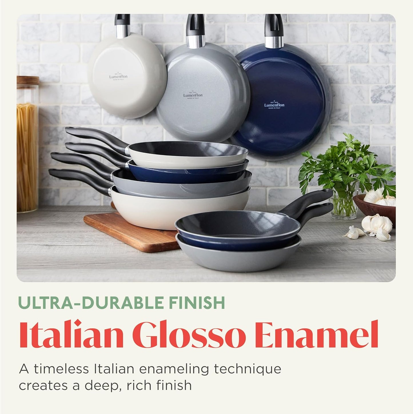 Deco 8” Nonstick Frying Pan Skillet, Made in Italy, Diamond Ceramic PFAS-Free, Dishwasher & Metal Utensil Safe, Durable Gloss Enamel Finish, Stay-Cool Handle, High Walls-Extra Room, Blue