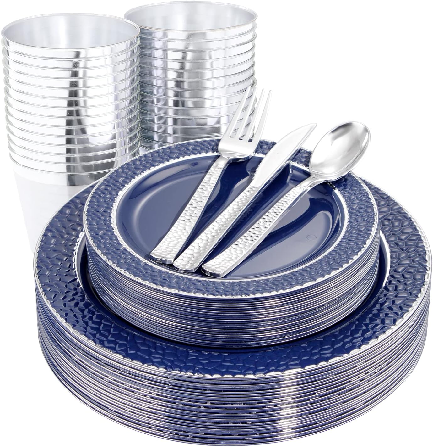 Ciaell 150 PCS Blue and Silver Plastic Plates - Blue Disposable Plate include 50 Plates, 25 Knives, 25 Forks, 25 Spoons, 25 Cups for Weddings & Party & Christmas