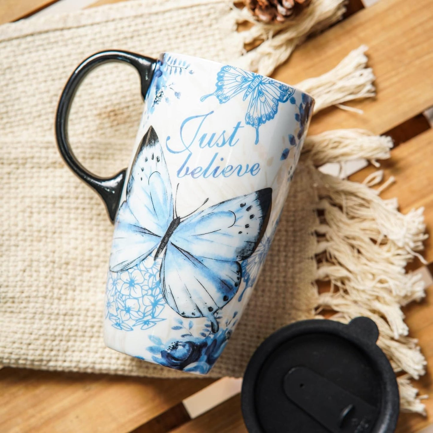 Topadorn Ceramic Travel Mug Coffee Cup with Lid and Matching Box, 17oz Microwave & Dishwasher Safe Coffee Tumbler, Butterfly