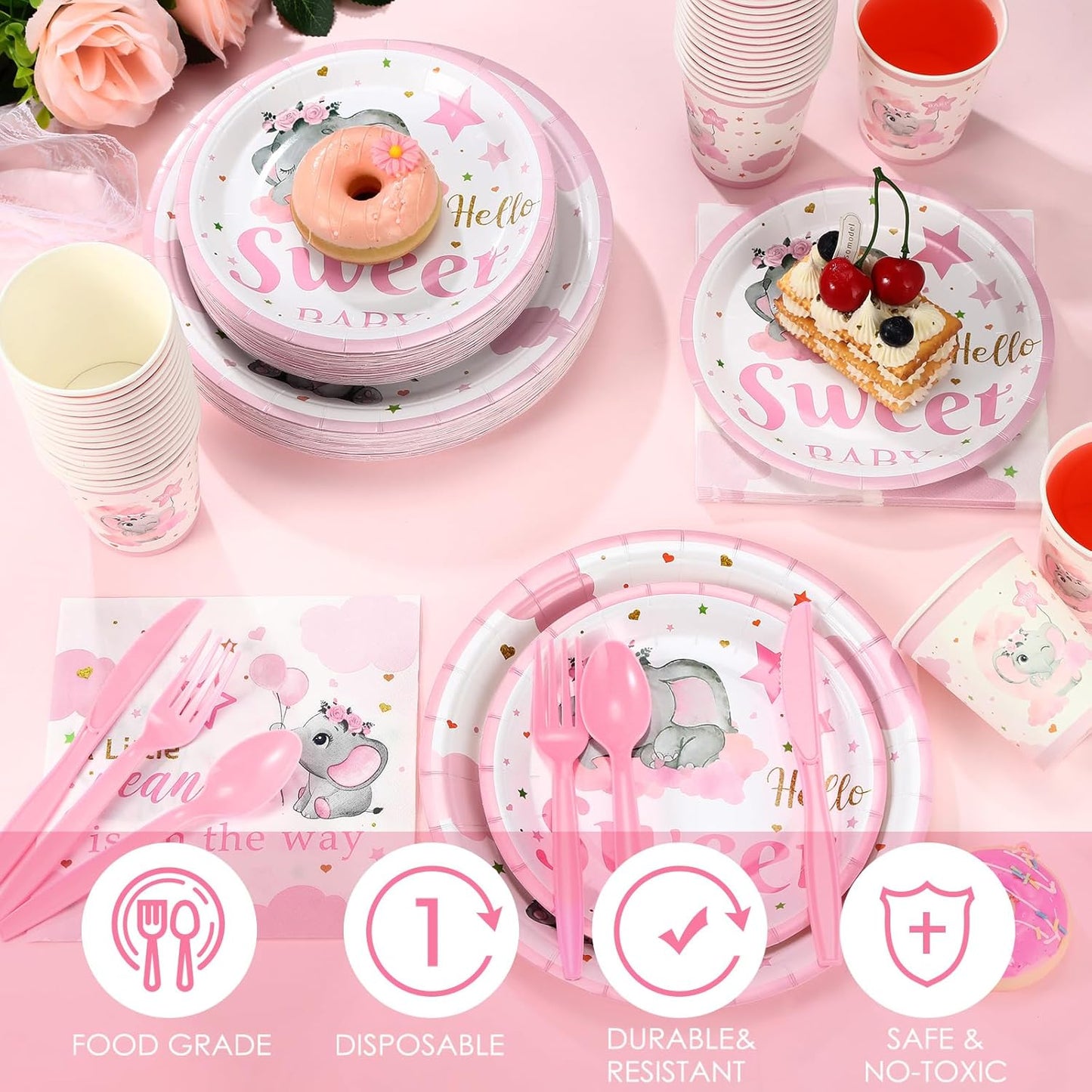 Dandat 350 Pcs Baby Shower Plates Set Baby Shower Party Supplies Serves 50 Tableware Sets Include Plates Napkin Cup Forks Knives Spoons Disposable Dinnerware(Elephant,Pink)