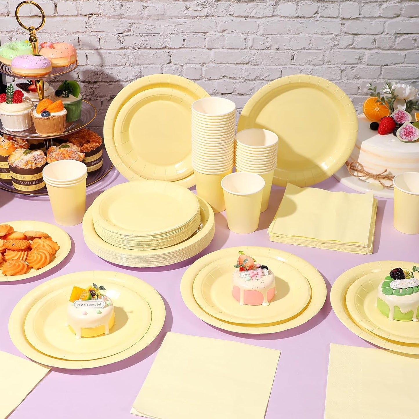 Tioncy 200 Pcs Disposable Paper Plates Cups and Napkins Party Supplies Serve 50 Guests Disposable Paper Dinnerware Set for Halloween Birthday Wedding Baby Shower Family Picnic(Yellow)