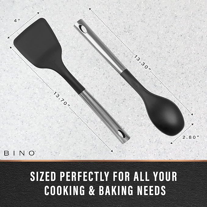 BINO 2-Piece Spoon & Turner Set with Stainless Steel Handles - Black | Heat Resistant BPA-Free Nonstick Cookware | Cooking Mixing & Serving Spoon | Cooking Utensils for Nonstick Cookware