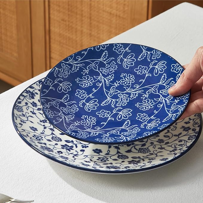 ONEMORE 12 Piece Ceramic Dinnerware Set for 4, Vintage Blue Stoneware Plates & Bowls Set - Scratch Resistant, Microwave, Dishwasher & Oven Safe, Everyday Family Meals