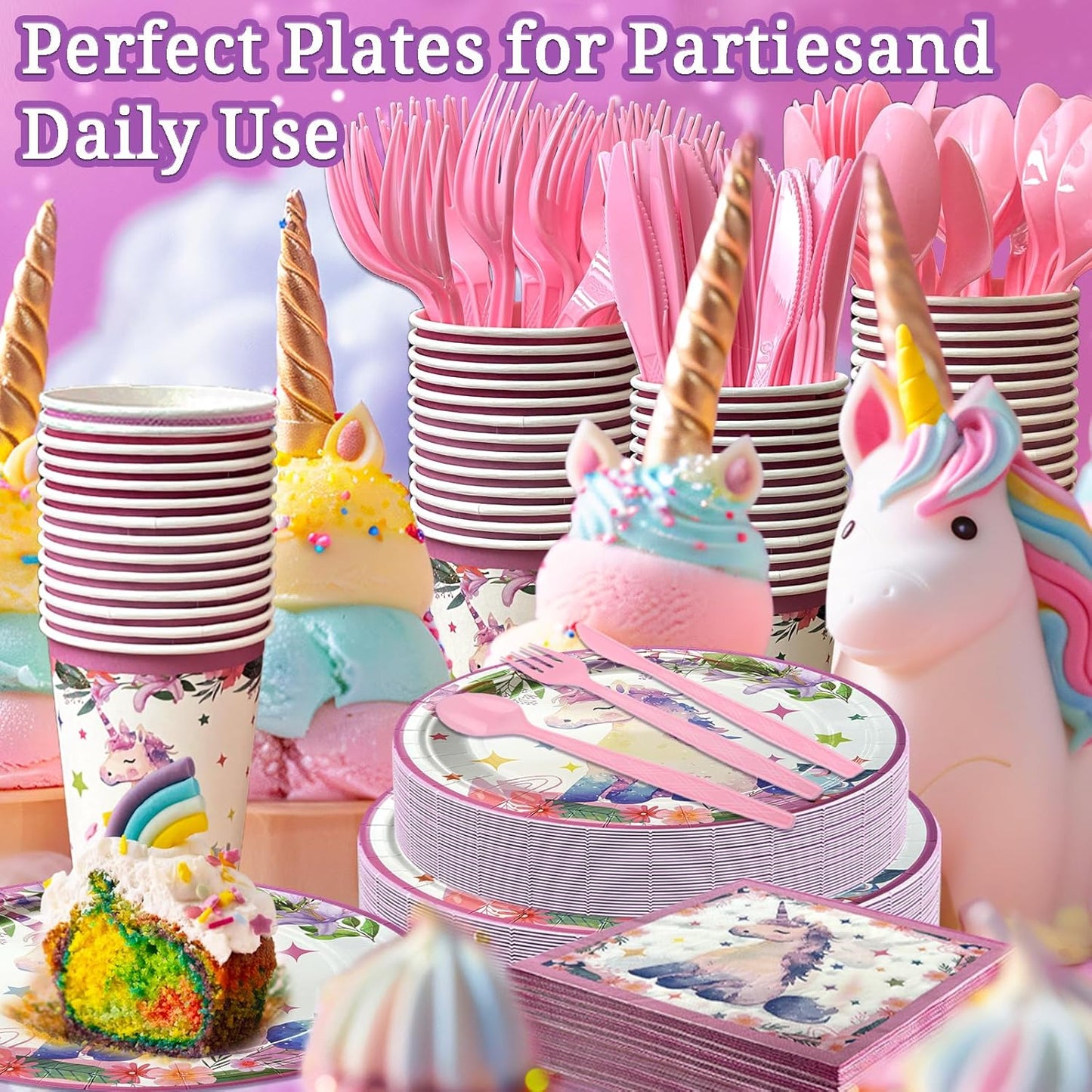 350 PCS Unicorn Birthday Plates and Napkins Sets Includes Disposable Plates Dessert Plates Napkins Cups Plastic Knives Forks Spoons Disposable Dinnerware Set For Unicorn Party (50 Guest)
