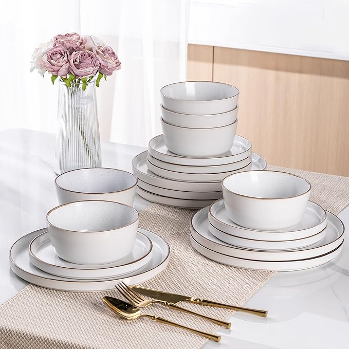 AmorArc Dinnerware Set for 4, 12 Pieces Ceramic Plates and Bowls Set, Handcrafted Speckled Stoneware Plates, Dishwasher & Microwave Safe Dishes- (White, Service for 4)
