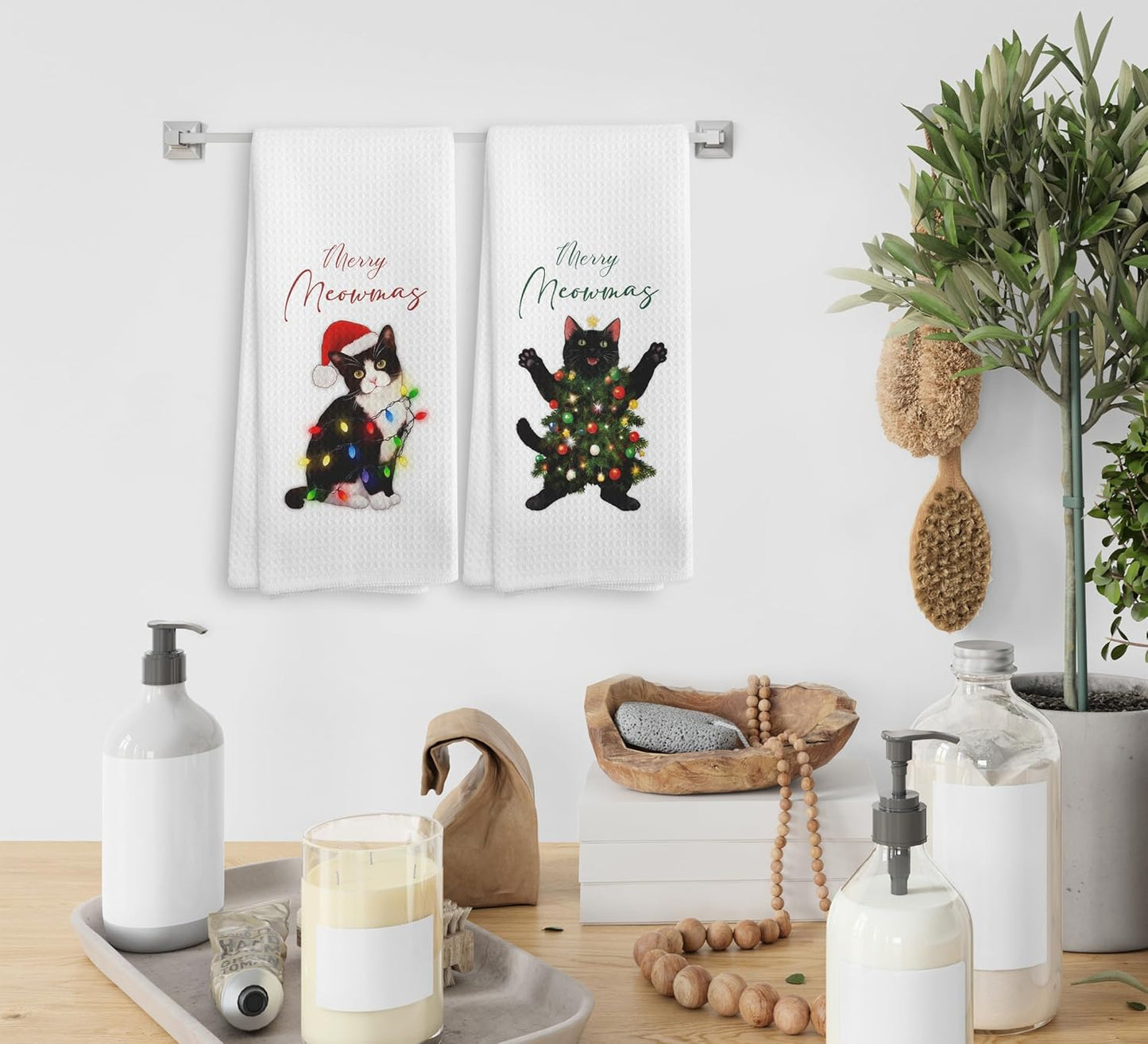 Black Cat Christmas Tree Lights Decor Kitchen Towels and Dishcloths Set of 2, Cat for Cat Lovers, Funny Cat Drying Cloth Hand Towels Tea Towels for Bathroom, 16×24 Inches