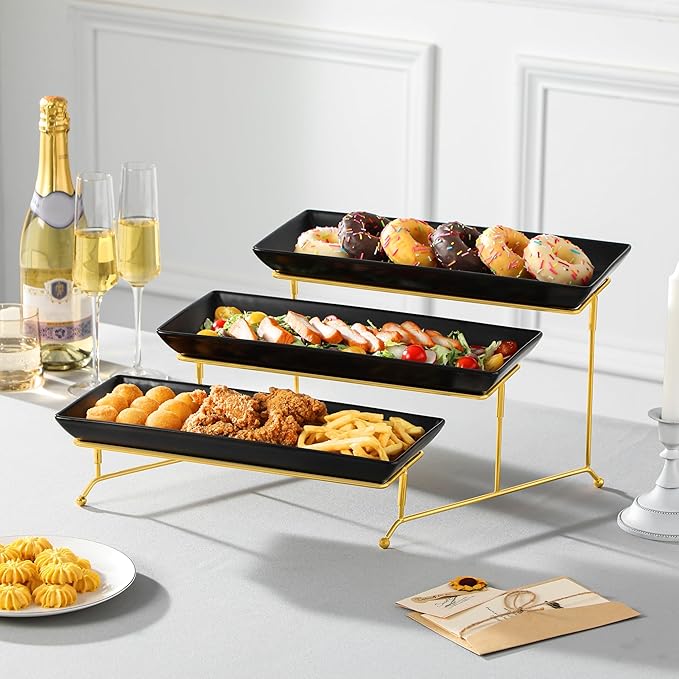 MALACASA 3 Tier Serving Trays for Party, 14 Inch Porcelain Black Trays for Serving Food, Dessert Stand with Collapsible Gold Metal Rack