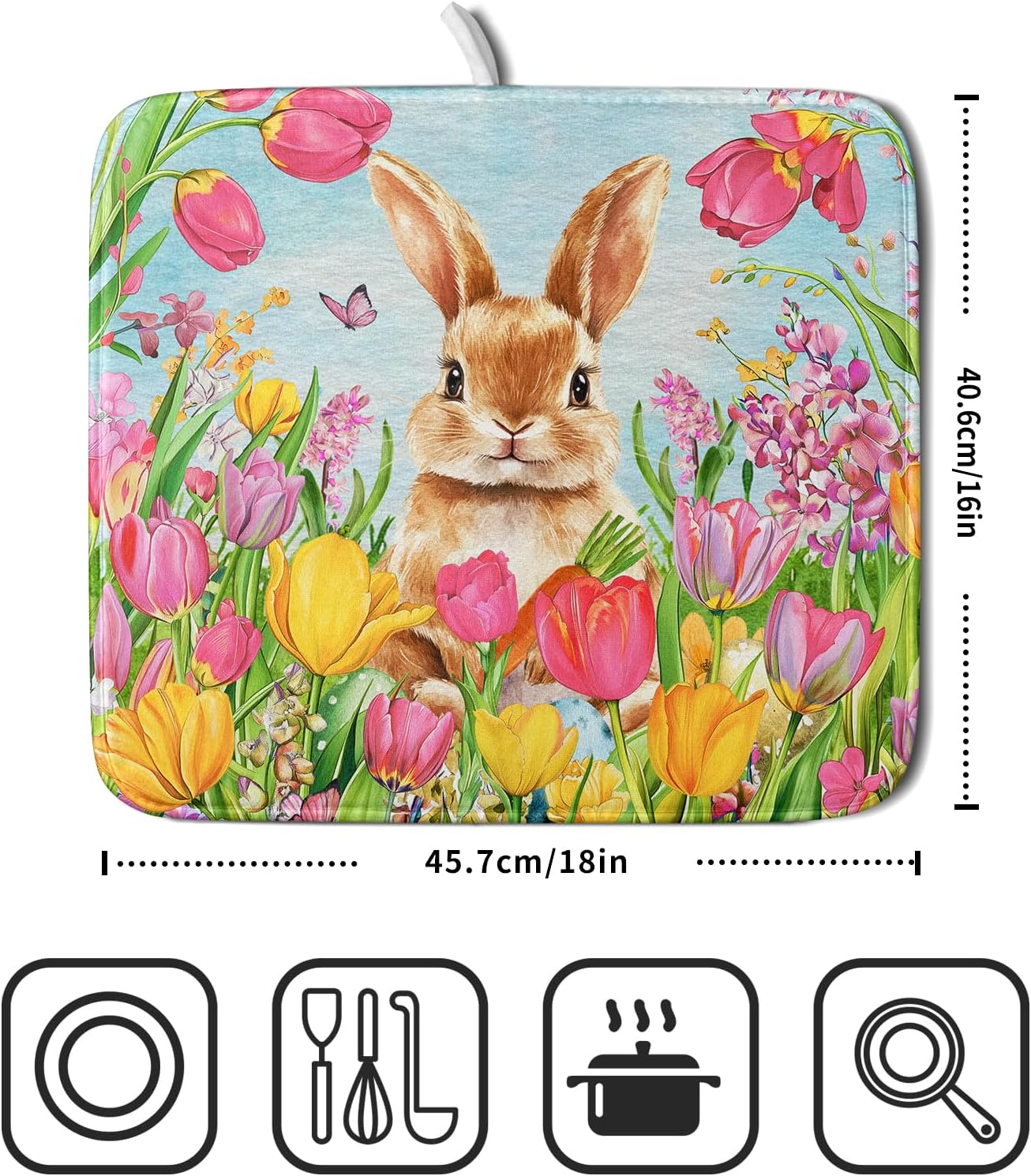 Easter Bunny Dish Drying Mats 16x18 Inch,Colorful Painting Tulip Flowers Leaves Absorbent Microfiber Dishes Drainer Rack Mat Fast Dry Drying Pad for Countertop Sink Holiday Decor
