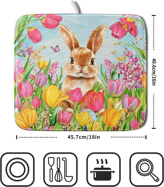 Easter Bunny Dish Drying Mats 16x18 Inch,Colorful Painting Tulip Flowers Leaves Absorbent Microfiber Dishes Drainer Rack Mat Fast Dry Drying Pad for Countertop Sink Holiday Decor