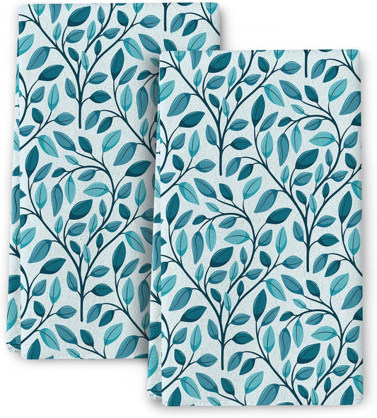 Green Leaves Kitchen Towels Decorative Set 2, Cute Botanic Hand Towels Tea Towels, Soft Absorbent Dish Towels for Kitchen Baking Farmhouse Bathroom Spring Summer Kitchen Decor
