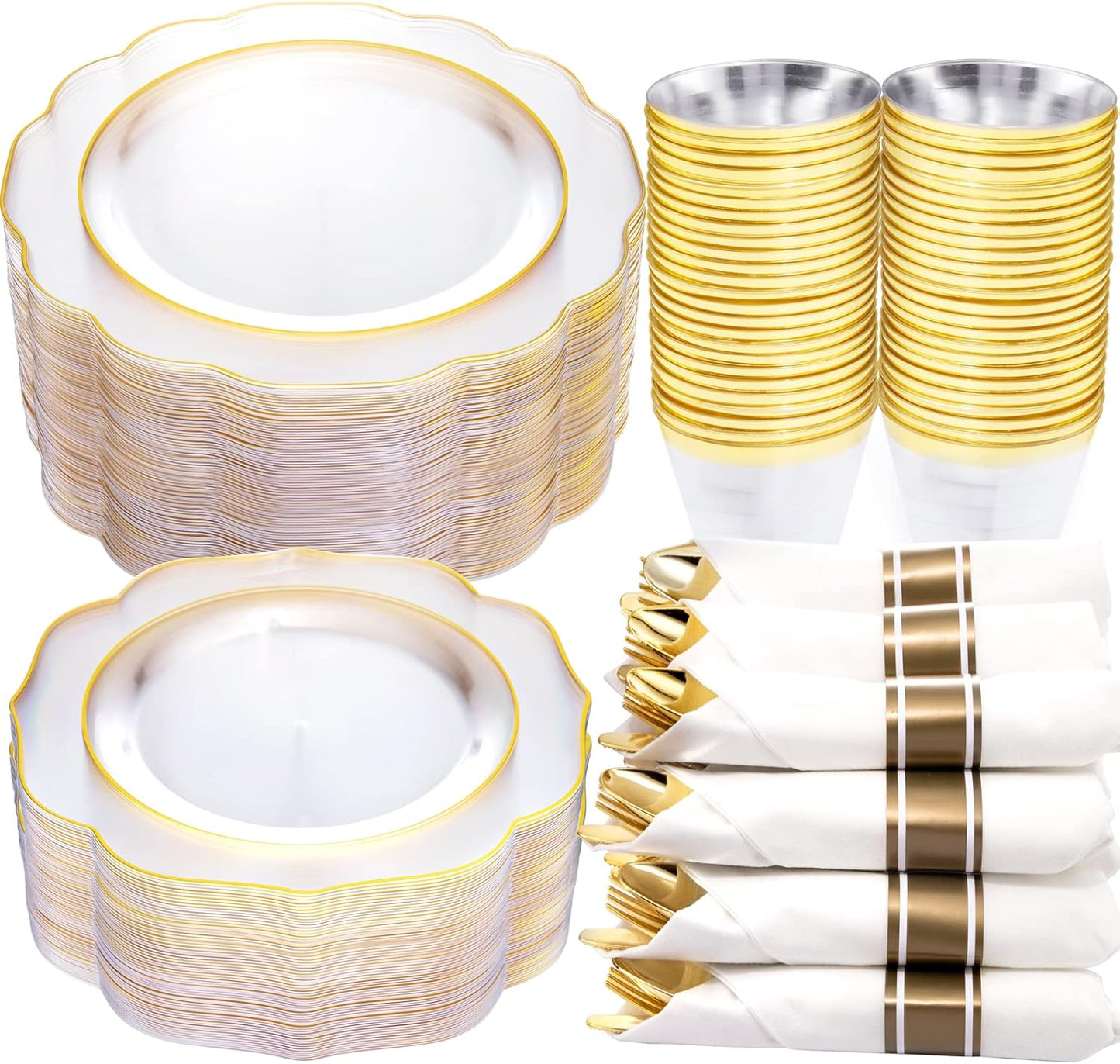 NOCCUR 50Guest Gold Rim Clear Plastic Plates&Disposable Silverware Cups-Include 100Plastic Plates, 150Gold Utensils, 50Cups and 50Napkins-Idea for Wedding/Fall Party/Thanksgiving